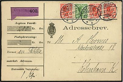 5 øre og 10 øre (3) Chr. X på adressebrev for værdipakke annulleret brotype Ia Grevinge d. 22.3.1915 til København. Blanko-værdietiket med liniestempel Grevinge.