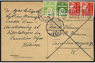7 øre, 10 øre Bølgelinie og 15 øre Karavel (par) på 47 øre frankeret lokalt ekspres brevkort i København d. 17.11.1929. 