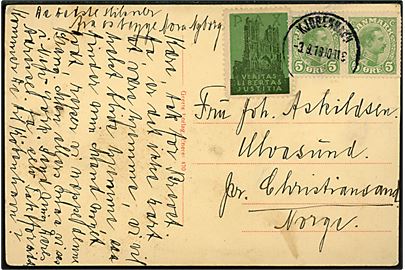 5 øre Chr. X i parstykke og Verdensfredsmærke på brevkort (Raadhuspladsen med automobiler og sporvogne) fra Kjøbenhavn d. 3.9.1919 til Ulvasund pr. Christiansand, Norge.