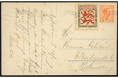 7 øre Chr. X og Sønderjydsk Fond mærke på brevkort fra Nykøbing F. d. 19.6.1919 til Kalundborg.