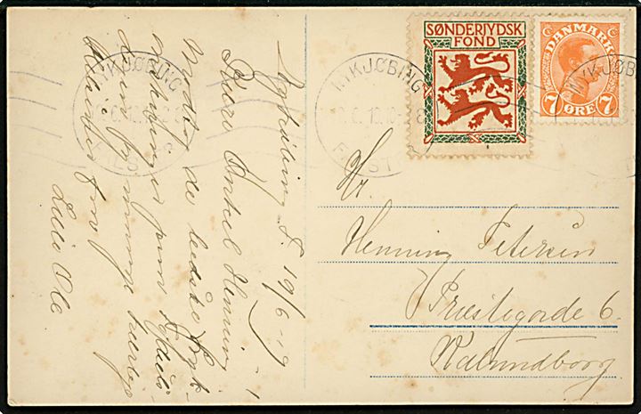 7 øre Chr. X og Sønderjydsk Fond mærke på brevkort fra Nykøbing F. d. 19.6.1919 til Kalundborg.