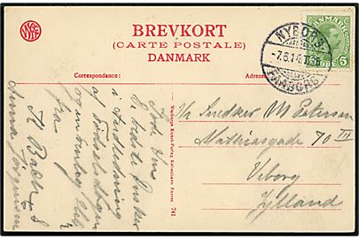 5 øre Chr. X på brevkort annulleret med bureaustempel Nyborg - Faaborg T.36 d. 7.6.1914 til Viborg.