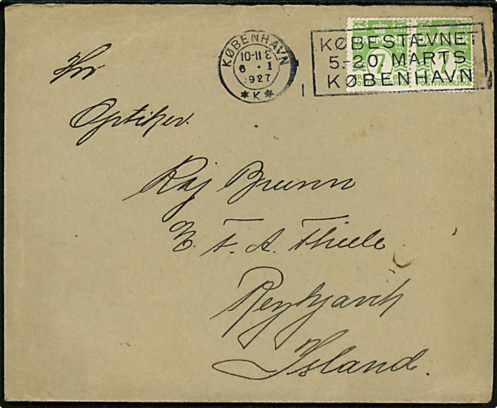 7 øre Bølgelinie i parstykke på underfrankeret brev fra København d. 6.1.1927 til Reykjavik, Island. Ikke udtakseret i porto.