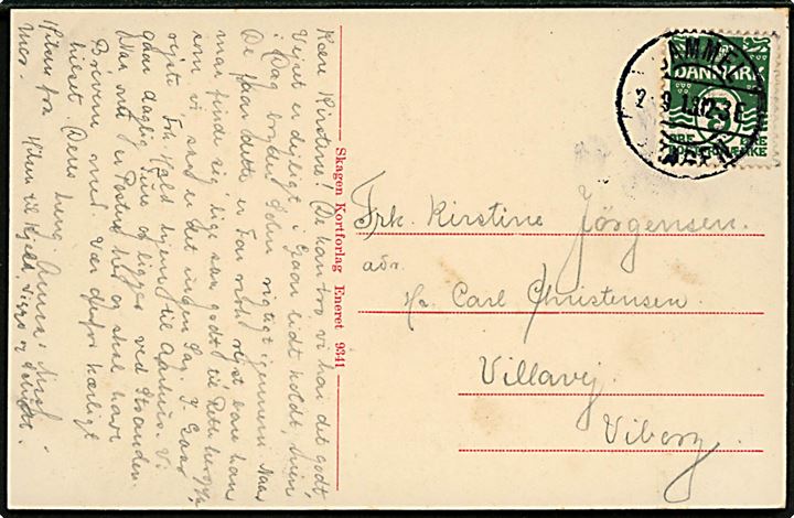 5 øre Bølgelinie på brevkort (Gl. Skagen, Strandparti med vrag) annulleret med brotype IIa Gammel Skagen d. 2.9.1913 til Viborg. Kendes kun benyttet i perioden juni-sept. 1913 - fra 1914 navneændring til Højen. 