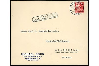 15 øre Karavel på brev fra København annulleret med svensk stempel i Malmö d. 22.1.1934 og sidestemplet Från Danmark til Stockholm, Sverige, Åbnet 3 sider.
