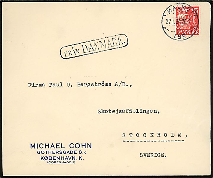 15 øre Karavel på brev fra København annulleret med svensk stempel i Malmö d. 22.1.1934 og sidestemplet Från Danmark til Stockholm, Sverige, Åbnet 3 sider.