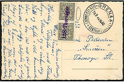 Ufrankeret brevkort med turiststempel fra Grenaa d. 19.9.1955 til Thorsager. Udtakseret i porto med 20 øre Portomærke i parstykke annulleret med violet jernbane stempel 158-Thorsager.