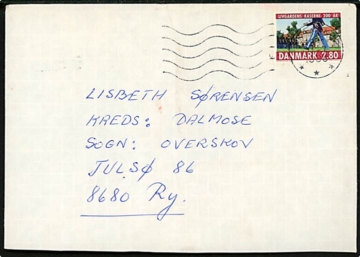 2,80 kr. Ligvardens Kaserne på brev fra Skælskør d. 11.7.1986 til spejder på lejr JULSØ 86 pr. 8680 Ry.