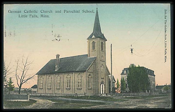 Tysk Katolsk kirke og Parochial School, Little Falls, Minn. St. Paul Souvenir Co. u/no.