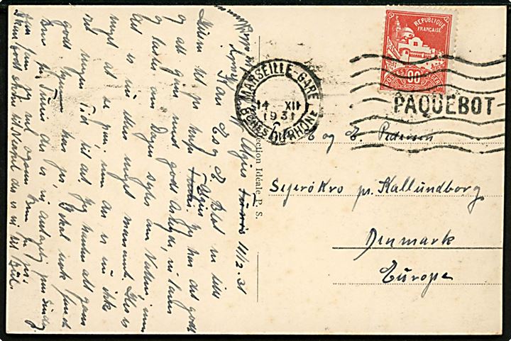 Algeriet 90 c. på brevkort (Udsigt fra Oran) annulleret med fransk skibsstempel Marseille-Gare / Paquebot d. 14.12.1931 til Sejerø kro pr. Kalundborg, Danmark.