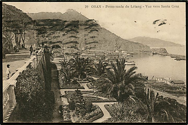 Algeriet 90 c. på brevkort (Udsigt fra Oran) annulleret med fransk skibsstempel Marseille-Gare / Paquebot d. 14.12.1931 til Sejerø kro pr. Kalundborg, Danmark.