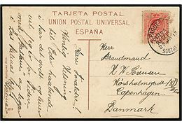 10 cts. Alfonso XIII på brevkort fra Las Palmas de Kanariske Øer annulleret med britisk skibsstempel Paquebot Posted at Sea Received Southampton d. 23.1.1913 til København, Danmark.