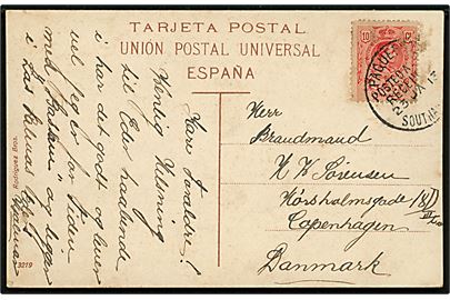 10 cts. Alfonso XIII på brevkort fra Las Palmas de Kanariske Øer annulleret med britisk skibsstempel Paquebot Posted at Sea Received Southampton d. 23.1.1913 til København, Danmark.
