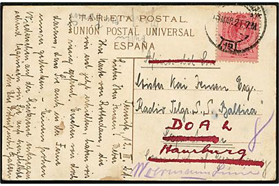 10 cts. Alfonso XIII på brevkort fra Tenerife d. 12.3.1921 til dansk telegrafist ombord på S/S Baltica c/o den tyske konsul i Capetown, Sydafrika - eftersendt til Woermann Linie og DOAL i Hamburg.