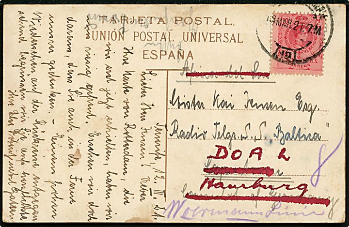 10 cts. Alfonso XIII på brevkort fra Tenerife d. 12.3.1921 til dansk telegrafist ombord på S/S Baltica c/o den tyske konsul i Capetown, Sydafrika - eftersendt til Woermann Linie og DOAL i Hamburg.