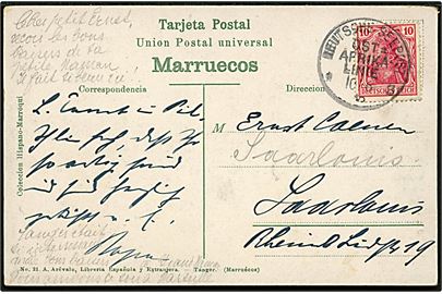 10 pfg. Germania på brevkort (Tanger, Marokko) annulleret med skibsstempel Deutsche Seepost Ost=Afrika Linie *S d. 10.6.1913 (?) til Saarlouis, Tyskland.