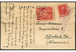 30 cts. Fernando og 5 cts. Pro Sevilla mærke på brevkort fra Sevilla d. 12.5.1938 til Offenbach, Tyskland. Lokal spansk censur fra Sevilla.