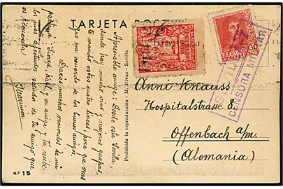 30 cts. Fernando og 5 cts. Pro Sevilla mærke på brevkort fra Sevilla d. 12.5.1938 til Offenbach, Tyskland. Lokal spansk censur fra Sevilla.