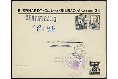 50 cts. Isabel i parstykke og 10 cts. Velgørenhed på anbefalet brev fra Bilbao d. 23.3.1938 til Duisburg, Tyskland. Lokal spansk censur fra Bilbao.