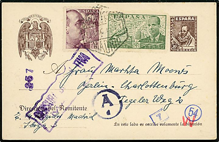 20 cts. helsagsbrevkort opfrankeret med 25 cts. Franco og 2 pts. Luftpost fra Madrid d. 12.12.1942 til Berlin, Tyskland. Spansk og tysk censur.