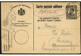 Rumænsk feltpostkort benyttet som tysk feldtpost og annulleret K.D.Feldpostd. 1.6.1918 til Heidelberg, Tyskland. Briefstempel fra Fernspr. Betreibszug 1033 ved Deutsche Feldpost 326.