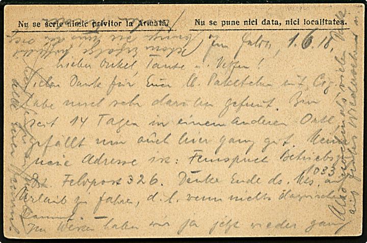 Rumænsk feltpostkort benyttet som tysk feldtpost og annulleret K.D.Feldpostd. 1.6.1918 til Heidelberg, Tyskland. Briefstempel fra Fernspr. Betreibszug 1033 ved Deutsche Feldpost 326.