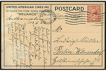 Britisk 1½d George V på brevkort (United American Lines S/S Reliance) annulleret med skibsstempel Southampton Paquebot d. 14.6.1923 til Berlin, Tyskland.