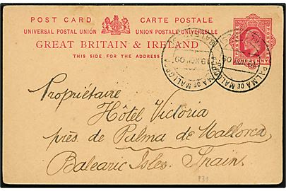 Britisk 1d Edward VII helsagsbrevkort Herne Bay d. 14.11.1909 til Palma de Mallorca, Spanien. Annulleret med spansk stempel ved ankomst d. 19.11.1909.