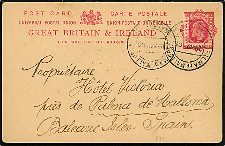 Britisk 1d Edward VII helsagsbrevkort Herne Bay d. 14.11.1909 til Palma de Mallorca, Spanien. Annulleret med spansk stempel ved ankomst d. 19.11.1909.