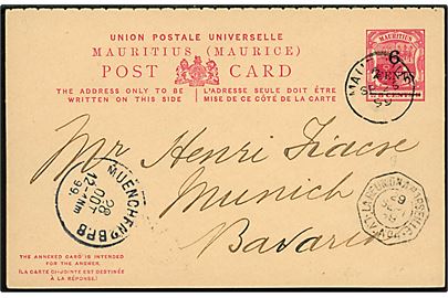 6/8 cents provisorisk dobbelt helsagsbrevkort stemplet Mauritius 2 d. 25.9.1899 via fransk dampskibspost La Reunion a Marseille L.V.No.4 d. 29.9.1899 til München, Tyskland. Uden meddelelse og med vedhængende ubenyttet svardel.