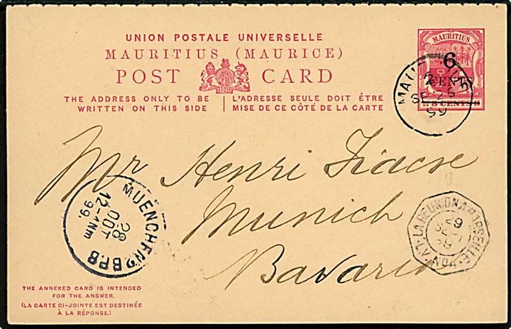 6/8 cents provisorisk dobbelt helsagsbrevkort stemplet Mauritius 2 d. 25.9.1899 via fransk dampskibspost La Reunion a Marseille L.V.No.4 d. 29.9.1899 til München, Tyskland. Uden meddelelse og med vedhængende ubenyttet svardel.