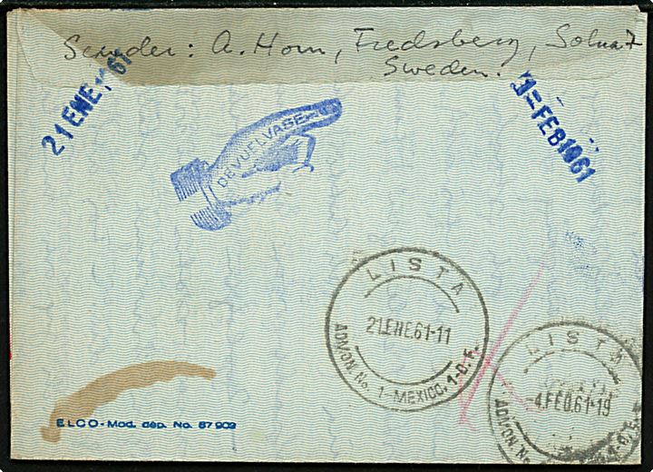 10 öre Ciffer og 15 öre Arrhenius (2) på aerogram fra Stockholm d. 19.1.1961 til poste restante i Mexico City, Mexico. Retur som ikke afhentet.