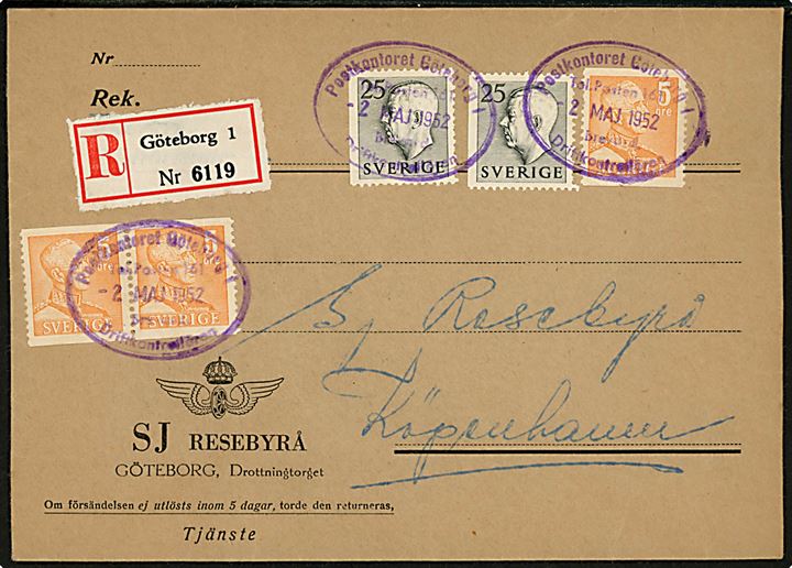 5 öre (3) og 25 öre (2) på tjenestekuvert fra SJ Resebyrå sendt anbefalet og annulleret med violet ovalt gummistempel Postkontoret Göteborg 1 Driftkontrollören d. 2.5.1952 til København, Danmark.