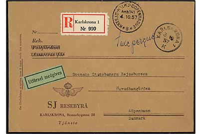 Ufrankeret tjenestekuvert fra SJ Resebyrå sendt anbefalet fra Karlskrona d. 3.10.1957 til København, Danmark. Påskrevet Taxe percue og stemplet Nässjö-Malmö-Copenhague * B * Amb. 141 d. 4.10.1957.