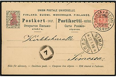 10 pen. svardel af dobbelt helsagsbrevkort dateret Pattams (?) og med annulleret 3-sproget Kajana d. 24.1.1898 og sidestempel 7 via Uleåborg til Simo.