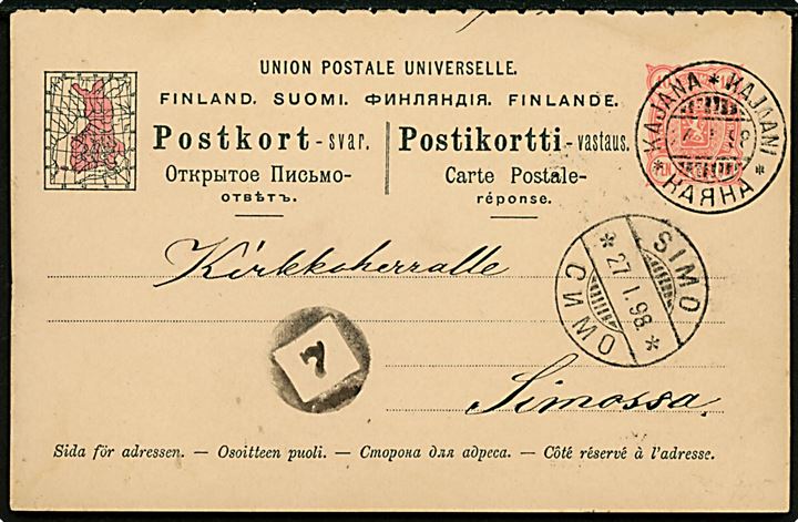 10 pen. svardel af dobbelt helsagsbrevkort dateret Pattams (?) og med annulleret 3-sproget Kajana d. 24.1.1898 og sidestempel 7 via Uleåborg til Simo.