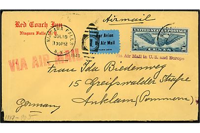 30 cents Winged Globe på luftpostbrev fra Niagara Falls d. 18.7.1940 til Anklam, Tyskland. Violet stempel via Air mail in U.S. and Europe. Åbnet af tysk censur i Frankfurt. 