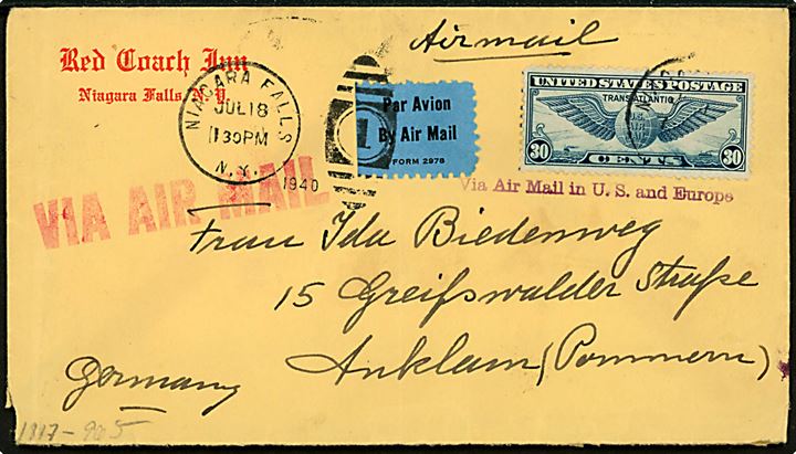 30 cents Winged Globe på luftpostbrev fra Niagara Falls d. 18.7.1940 til Anklam, Tyskland. Violet stempel via Air mail in U.S. and Europe. Åbnet af tysk censur i Frankfurt. 