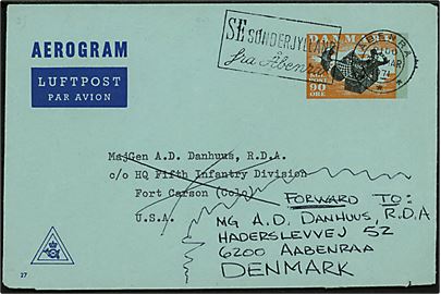 90 øre helsags aerogram fra Åbenrå d. 31.3.1971 til dansk generalmajor A. D. Danhuus c/o HQFifth Infantry Division, Fort Carson, Colorado, USA - eftersendt til Åbenrå. Generalmajor Aage D. Danhuus (1911-86) var i 1971 chef for jyske divisionskommando. 