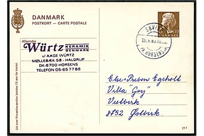 110 øre Margrethe helsagsbrevkort (fabr. 217) annulleret med pr.stempel Søvind pr. Horsens sn2 d. 26.8.1980 til Østbirk.