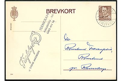 20 øre Fr. IX helsagsbrevkort fra Fuglebjerg annulleret med bureaustempel København - Fredericia T.1 d. 9.11.1961 til Ravnstrup.