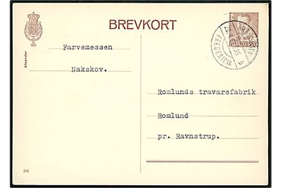 20 øre Fr. IX helsagsbrevkort (fabr. 201) fra Nakskov annulleret med bureaustempel København - Fredericia T.85B d. 28.4.1962 til Ravnstrup.