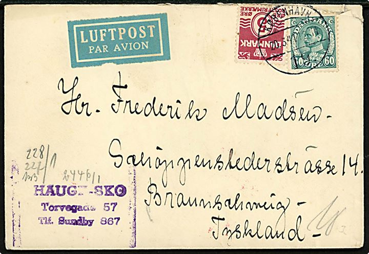 5 øre Bølgelinie og 60 øre Chr. X på luftpostbrev fra København d. 20.3.1941 til Braunschweig, Tyskland. Åbnet af tysk censur i Berlin.