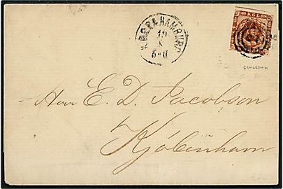 4 sk. 1858 udg. på brev annulleret med nr.stempel 2 og sidestemplet lapidar K.D.O.P.A. Hamburg d. 19.8.186x til Kjøbenhavn.