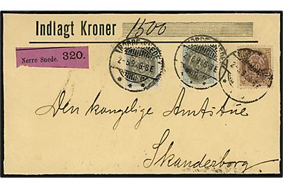 3 øre (3) og 50 øre Tofarvet på BREVFORSIDE af 56 øre frankeret værdibrev fra Kjøbenhavn d. 2.5.1897 til Skanderborg.