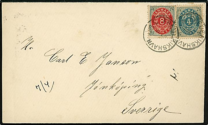 4 øre og 8 øre Tofarvet på 12 øre frankeret brev annulleret med lapidar Frederikshavn d. 5.4.1884 til Jönköping, Sverige.