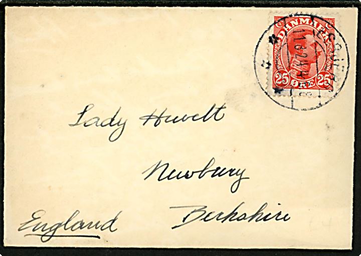 25 øre Chr. X på lille brev fra Esbjerg d. 11.8.1924 til Newbury, England.