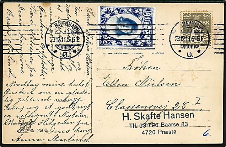 3 øre Bølgelinie og NORSK Julemærke 1911 på lokalt brevkort i Kjøbenhavn d. 23.12.1911. Privat ejerstempel. 