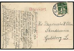 5 øre Bølgelinie på brevkort (Skaalevig og Husavig på Sandø) dateret Thorshavn d. 18.10.1912 og annulleret Kjøbenhavn d. 25.10.1912 til Guldborg L. Sendt fra sømand ombord på inspektionsskibet Beskytteren ved Færøerne. 