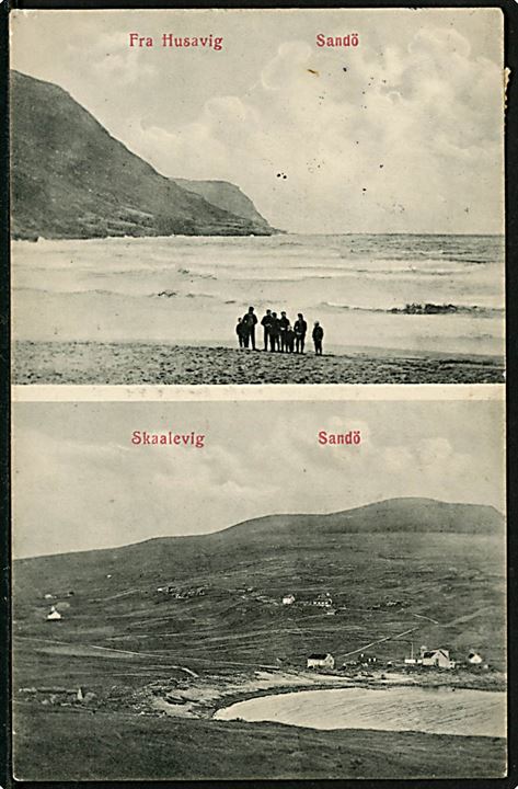 5 øre Bølgelinie på brevkort (Skaalevig og Husavig på Sandø) dateret Thorshavn d. 18.10.1912 og annulleret Kjøbenhavn d. 25.10.1912 til Guldborg L. Sendt fra sømand ombord på inspektionsskibet Beskytteren ved Færøerne. 